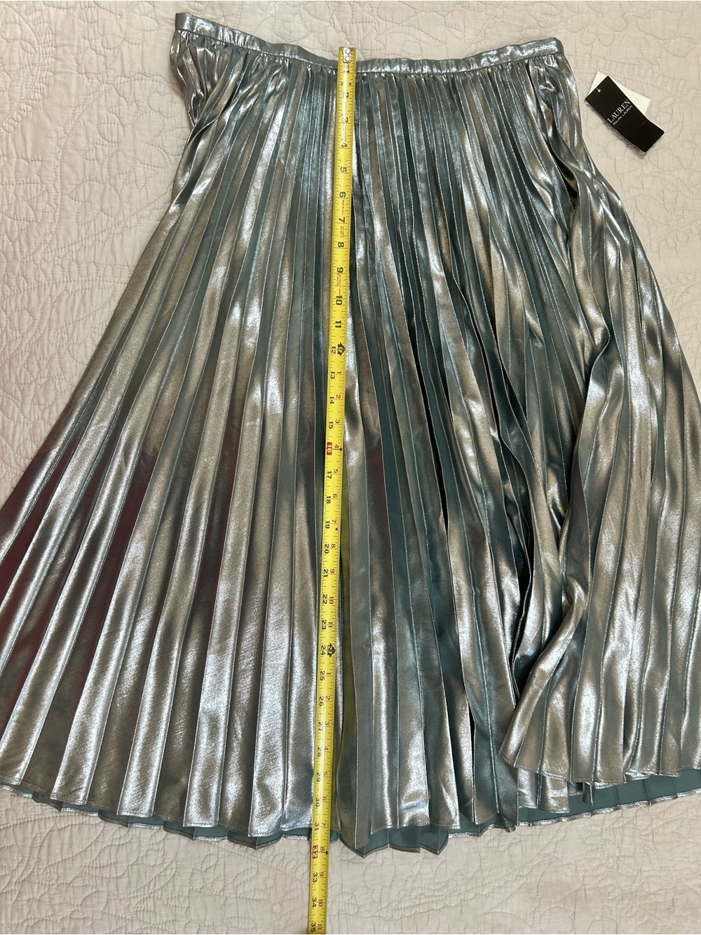NWT Lauren by Ralph Lauren Metallic Pleated Midi Skirt Silver Blue Size 10 - Picture 4 of 9